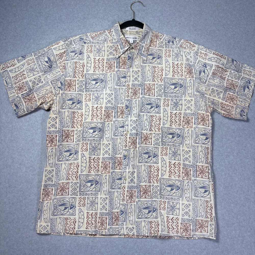 Pierre Cardin Mens Large Short Sleeve Button Down Shirt Geometric Fish Print L
